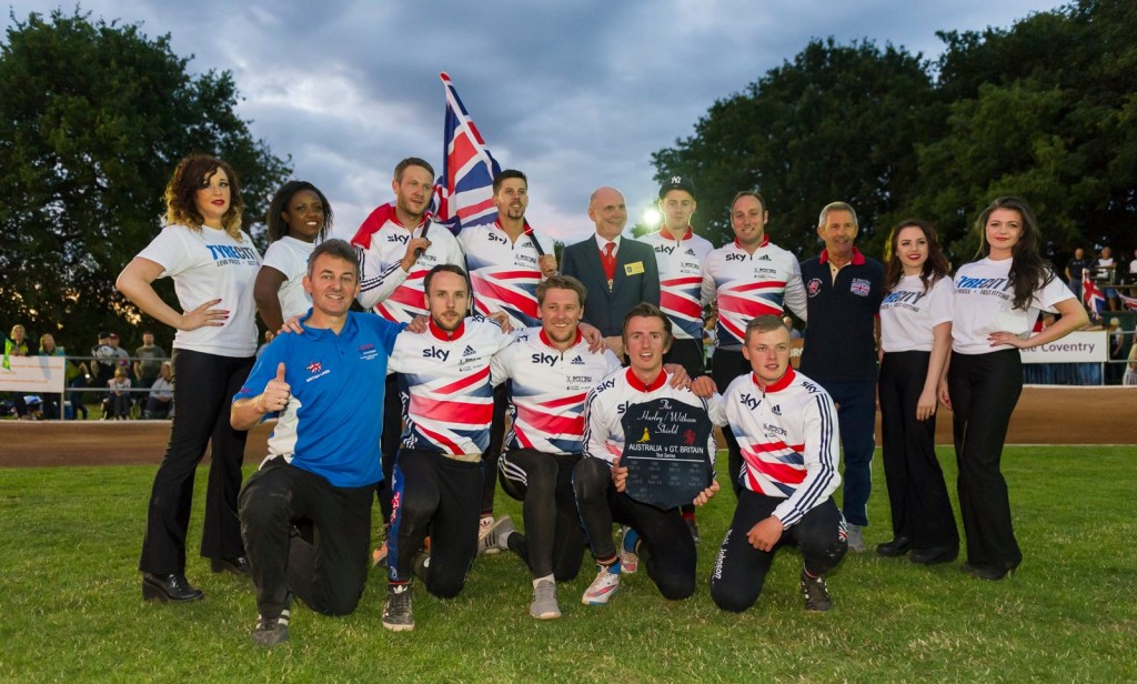 Dave Murphy (front row left) celebrates leading Team GB to the Ashes series at Coventry. Picture by Andy Whitehouse.